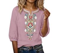 Linen Tops Women UK Retro Bohemian Style 3/4 Sleeve Shirt Lightweight Oversized Vintage Floral Pattern Hippie Clothes Fall Loose Beach Leisure Blouses Pink Style#1 Plus Size Hippie Boho Clothes XXL