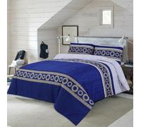Linen Tribe 4 Piece Complete Bedding Set - Printed Duvet Cover With Matching Fitted Sheet Bed Sheet And Pillow Cases - Premium Microfibre Easy Care Non Iron Bedsets (Double, Blue Oscar)