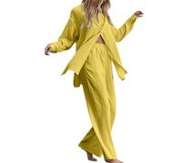 Linen Trouser Suit, Women's Two-Piece Summer Linen Shirt and High Waist Linen Trousers, Plain Cotton Linen, Breathable Leisure Suit, Outdoor, Holiday, Casual Loungewear, S-5XL, yellow, S