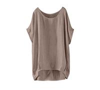 Linen Trousers and Tops Set Ladies Red Indian Spring Blouse Sales Casual Pullover Womens Sleeve T Shirt Thin Short Top Blouse Loose Women's Blouse (01-D-Khaki, XXL)