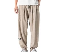 Linen Trousers for Men UK Sale,Cotton Linen Trousers Mens Loose Fit Elasticated Waist Solid Casual Summer Beach Pants Lightweight Sweatpants Straight Yoga Pants with Pockets Plus Size M-8XL Khaki