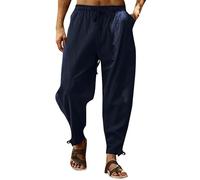 Linen Trousers for Men UK Sale, Solid Cotton Linen Trousers Mens Loose Fit Elasticated Waist Casual Summer Beach Pants Lightweight Sweatpants Straight Yoga Pants with Pockets Plus Size S-41XL Navy
