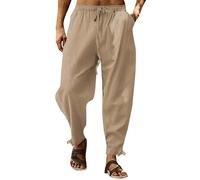 Linen Trousers for Men UK Sale, Solid Cotton Linen Trousers Mens Loose Fit Elasticated Waist Casual Summer Beach Pants Lightweight Sweatpants Straight Yoga Pants with Pockets Plus Size S-31XL Khaki