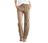 Linen Trousers for Women Summer Drawstring Elastic Waist Pants UK Elegant Ladies Straight Leg Plain Casual Comfy Lounge Buttoms Joggers