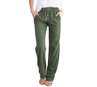 Linen Trousers for Women Summer Drawstring Elastic Waist Pants UK Elegant Ladies Straight Leg Plain Casual Comfy Lounge Buttoms Joggers