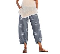 Linen Trousers for Women UK Capri Pants Ladies Casual Sommer Trousers Cotton Linen 3/4 Length Cropped Pants Loose Fit Sweatpants Straight Elasticated Waist Chino Bottoms with Pocket