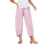 Linen Trousers for Women UK Capri Pants Ladies Casual Sommer Trousers Cotton Linen 3/4 Length Cropped Pants Loose Fit Sweatpants Straight Elasticated Waist Chino Bottoms with Pocket