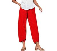 Linen Trousers for Women UK Capri Pants Ladies Casual Sommer Trousers Cotton Linen 3/4 Length Cropped Pants Loose Fit Sweatpants Straight Elasticated Waist Chino Bottoms with Pocket Red