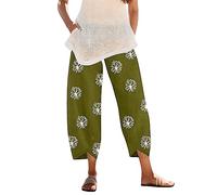 Linen Trousers for Women UK Capri Pants Ladies Casual Sommer Trousers Cotton Linen 3/4 Length Cropped Pants Loose Fit Sweatpants Straight Elasticated Waist Chino Bottoms with Pocket