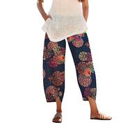 Linen Trousers for Women UK Capri Pants Ladies Casual Sommer Trousers Cotton Linen 3/4 Length Cropped Pants Loose Fit Sweatpants Straight Elasticated Waist Chino Bottoms with Pocket