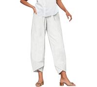 Linen Trousers for Women UK Capri Pants Ladies Casual Sommer Trousers Cotton Linen 3/4 Length Cropped Pants Loose Fit Sweatpants Straight Elasticated Waist Chino Bottoms with Pocket