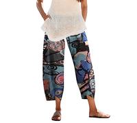 Linen Trousers for Women UK Capri Pants Ladies Casual Sommer Trousers Cotton Linen 3/4 Length Cropped Pants Loose Fit Sweatpants Straight Elasticated Waist Chino Bottoms with Pocket