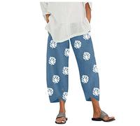 Linen Trousers for Women UK Capri Pants Ladies Casual Sommer Trousers Cotton Linen 3/4 Length Cropped Pants Loose Fit Sweatpants Straight Elasticated Waist Chino Bottoms with Pocket