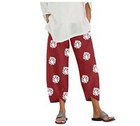 Linen Trousers for Women UK Capri Pants Ladies Casual Sommer Trousers Cotton Linen 3/4 Length Cropped Pants Loose Fit Sweatpants Straight Elasticated Waist Chino Bottoms with Pocket