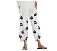 Linen Trousers for Women UK Capri Pants Ladies Casual Sommer Trousers Cotton Linen 3/4 Length Cropped Pants Loose Fit Sweatpants Straight Elasticated Waist Chino Bottoms with Pocket