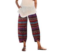 Linen Trousers for Women UK Capri Pants Ladies Casual Sommer Trousers Cotton Linen 3/4 Length Cropped Pants Loose Fit Sweatpants Straight Elasticated Waist Chino Bottoms with Pocket