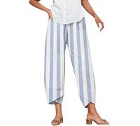 Linen Trousers for Women UK Capri Pants Ladies Casual Sommer Trousers Cotton Linen 3/4 Length Cropped Pants Loose Fit Sweatpants Straight Elasticated Waist Chino Bottoms with Pocket