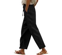 Linen Trousers for Women UK Drawstring Elastic Waist Ladies Cropped Trousers with Pockets Loose Lightweight Lounge Pants Plus Size Casual Holiday Summer Beach Pants Solid Color Wide Leg Joggers