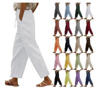 Linen Trousers for Women UK Drawstring Elastic Waist Ladies Cropped Trousers with Pockets Loose Lightweight Lounge Pants Plus Size Casual Holiday Summer Beach Pants Solid Color Wide Leg Joggers