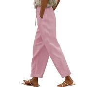 Linen Trousers for Women UK Drawstring Elastic Waist Ladies Cropped Trousers with Pockets Loose Lightweight Lounge Pants Plus Size Casual Holiday Summer Beach Pants Solid Color Wide Leg Joggers