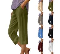 Linen Trousers for Women UK Elasticated High Waist 3/4 Length Trousers Cotton Solid Color Pull On Pants Straight Wide Leg Pants Lightweight Soft Comfy Lounge Pant with Pockets for Walking Travelling