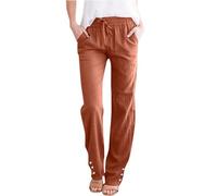Linen Trousers For Women UK Elasticated High Waist Cotton Trousers Solid Color Drawstring Pull On Pants Straight Wide Leg Pants Lightweight Soft Comfy Lounge Pant With Pockets For Walking Travelling