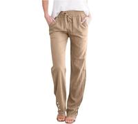 Linen Trousers For Women UK Elasticated High Waist Cotton Trousers Solid Color Drawstring Pull On Pants Straight Wide Leg Pants Lightweight Soft Comfy Lounge Pant With Pockets For Walking Travelling
