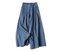 Linen Trousers for Women UK - Womens Cotton Wide Leg Trousers Women's Summer Holiday Baggy Pant Loose Fit Beach Palazzo Pants Elasticated Waist Jogger with Pocket Navy,XXL