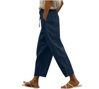Linen Trousers for Womens Solid High Waisted Drawstring Elastic Waist Pants with Pockets Casual Wide Leg Holiday Beach Trousers Linen Beach Trouser Ladies Navy L