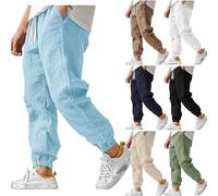 Linen Trousers Mens Elasticated Waist Summer Trouser Loose Fit Drawstring Joggers Bottoms Plain Colour Lightweight Casual Pants Cuffed Jogging Trousers Beachwear with Pockets