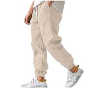 Linen Trousers Mens Elasticated Waist Summer Trouser Loose Fit Drawstring Joggers Bottoms Plain Colour Lightweight Casual Pants Cuffed Jogging Trousers Beachwear with Pockets