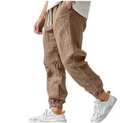 Linen Trousers Mens Elasticated Waist Summer Trouser Loose Fit Drawstring Joggers Bottoms Plain Colour Lightweight Casual Pants Cuffed Jogging Trousers Beachwear with Pockets