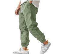 Linen Trousers Mens Elasticated Waist Summer Trouser Loose Fit Drawstring Joggers Bottoms Plain Colour Lightweight Casual Pants Cuffed Jogging Trousers Beachwear with Pockets