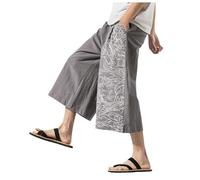 Linen Trousers Men's Wide Leg 3/4 Casual Trousers Japanese Trousers with Traditional Pattern Hip Hop Baggy Trousers Length Summer Trousers Harem Trousers with Drawstring Soft Medieval Trousers Fabric