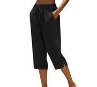 Linen Trousers,Petite Comfy Summer Three Quarter Length Trousers Stretchy Drawstring Waist Straight Leg Lounge Yoga Beach Capris Pants with Pockets