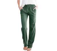 Linen Trousers Women Elasticated High Waist Cotton Trousers Solid Color Drawstring Pull On Pants Straight Wide Leg Pants Lightweight Soft Comfy Lounge Pant with Pockets for Walking Travelling