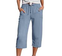 Linen Trousers Women Summer Loose Petite Hiking Shorts Drawstring HIgh Waist Knee Length Straight Leg Solid Sweatpants Track Bottoms Casual Trousers with Pockets Light Blue