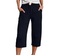 Linen Trousers Women Summer Loose Petite Hiking Shorts Drawstring HIgh Waist Knee Length Straight Leg Solid Sweatpants Track Bottoms Casual Trousers with Pockets Blue