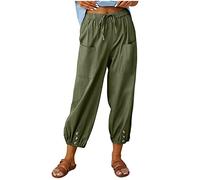 Linen Trousers Womens Casual Pants Lantern Tapered Harem Pants Loose Fit Style Flax Ankle Trousers Summer Baggy Slacks with Pockets Drawstring Daily Casual Wear (Army Green, XXL)
