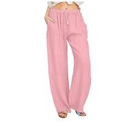 Linen Trousers Womens Clearance,Ladies Elastic Waist Drawstring Wide Leg Pants Holiday Vacation Solid Color Cotton Trouser Spring Summer Outdoor Casual Loose Breathable Pant with Pockets UK Size S-4XL