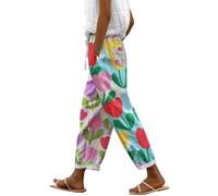 Linen Trousers Womens Cotton Linen Striped Wide Leg Trouser for Women Elasticated Waist Casual Boho Ladies Trousers Summer Beach Baggy Trouser with Pockets Womens Walking Pants Sale