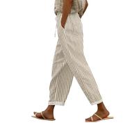 Linen Trousers Womens Cotton Linen Striped Wide Leg Trouser for Women Elasticated Waist Casual Boho Ladies Trousers Summer Beach Baggy Trouser with Pockets Womens Walking Pants Sale