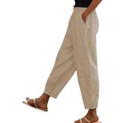 linen trousers womens, Cotton Linen Trousers Womens UK Solid Color Elasticated Waist Trouser Ladies Summer Lounge Pants Plain Loose Fit Capri Pant Casual Straight Leg Bottoms with Pockets Khaki, M