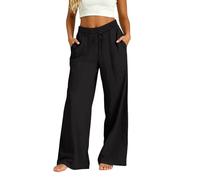 Linen Trousers Womens Cotton Wide Leg High Elasticated Waist Loose Fit Pants with Side Pockets Ladies Trousers Lightweight Loose Fit Palazzo Drawstring Pant for Work Beach Travel Outdoor Black