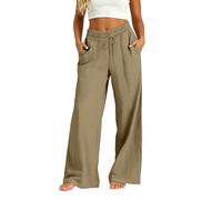 Linen Trousers Womens Cotton Wide Leg High Elasticated Waist Loose Fit Pants with Side Pockets Ladies Trousers Lightweight Loose Fit Palazzo Drawstring Pant for Work Beach Travel Outdoor Khaki