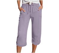 Linen Trousers Womens Cropped Trousers Summer Elasticated High Waist Relax Fit Ladies 3/4 Length Straight Wide Leg Trouser Casual Everyday Soft Lightweight Plain Three Quarter Pants Bottoms S-XXL