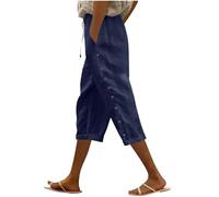 Linen Trousers Womens Drawstring Elastic Waist Cropped Trousers Lightweight Summer Capri Pants with Pockets Casual 3/4 Length Joggers Beach Pants for Ladies Going Out 03 Navy XL