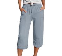 Linen Trousers Womens Drawstring Elastic Waist Summer Lightweight 3/4 Trousers with Pockets Causal Loose Comfortable Fabric Sport Leisure Beach Hiking Shorts Womens Solid Color Wide Leg Shorts Grey