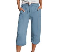 Linen Trousers Womens Drawstring Elastic Waist Summer Lightweight 3/4 Trousers with Pockets Causal Loose Comfortable Fabric Sport Leisure Beach Hiking Shorts Womens Solid Color Wide Leg Shorts