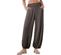 Linen Trousers Womens Elastic Waist Casual Loose Trouser Harem Pants Solid Color Comfy Lightweight Ladies Trousers Track Bottoms Holiday Beach Lounge Pants with Pockets Coffee